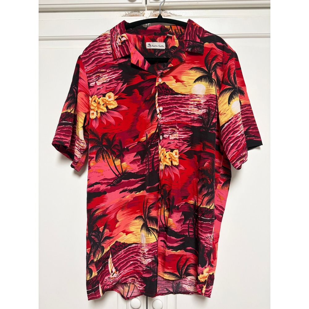 Hawaiian Vacation Mens Medium Red Tropical Sunset Palm Tree Button Down Shirt